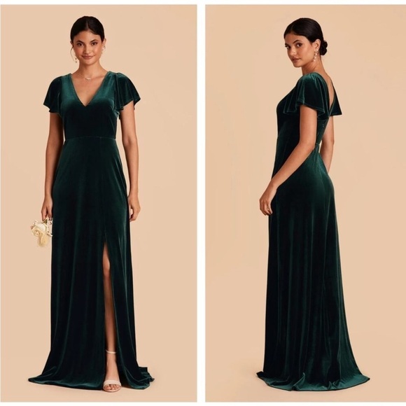 Birdy Grey Hannah Velvet Gown Dress Emerald Green Double V neck Flutter Sleeve - Picture 2 of 13